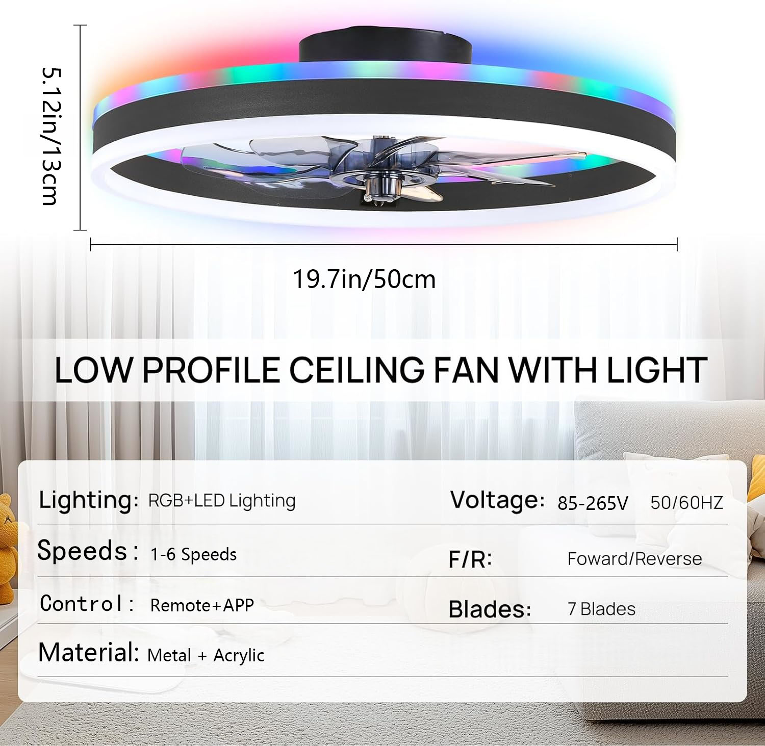Smart Home Ventilation System - พัดลมเพดานอัจฉริยะ RGB พร้อมไฟ 6 ระดับความเร็ว +