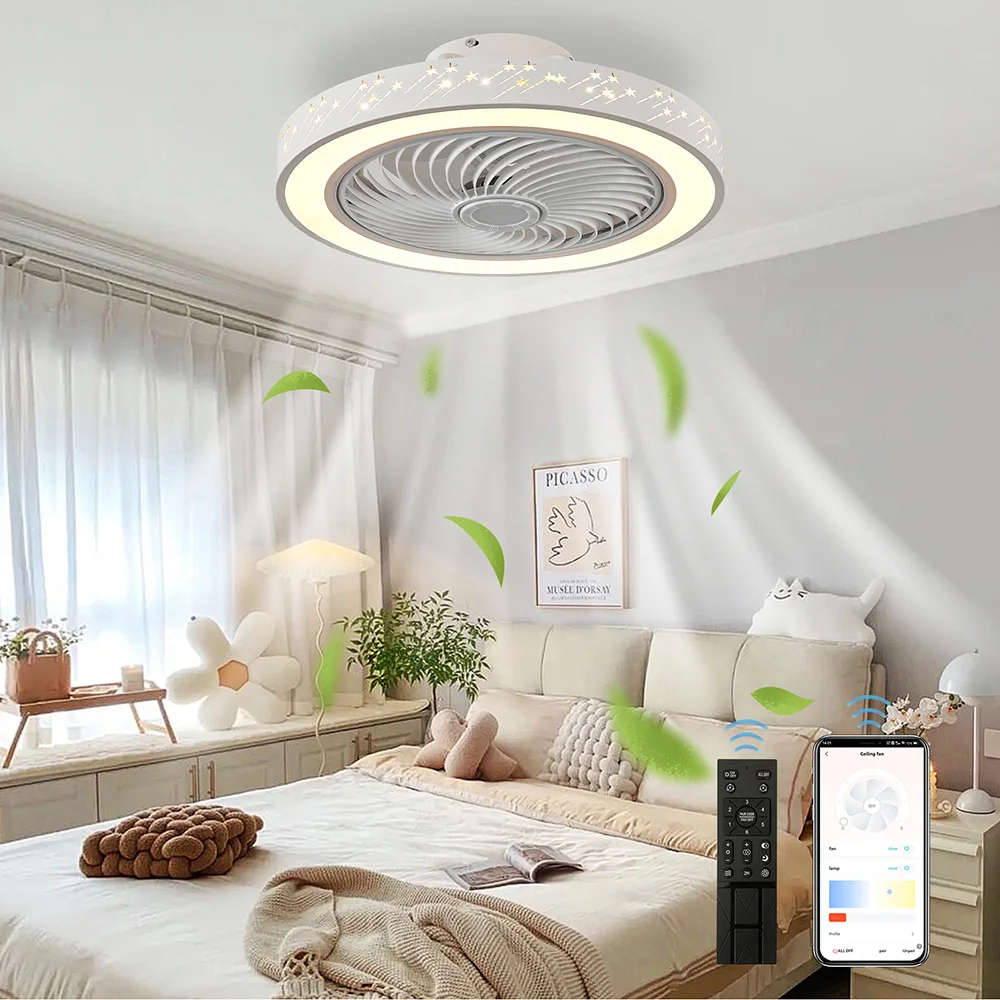 Smart Home Ventilation System - พัดลมเพดานแบบสมาร์ทแอปพัดลม46ซม., พัดลมติดเพดานพร้อมไฟควบคุมระยะไกลใช้ตกแต่งห้องนอนพัดลมดาวตกเงียบพับเก็บได้พร้อมไฟ